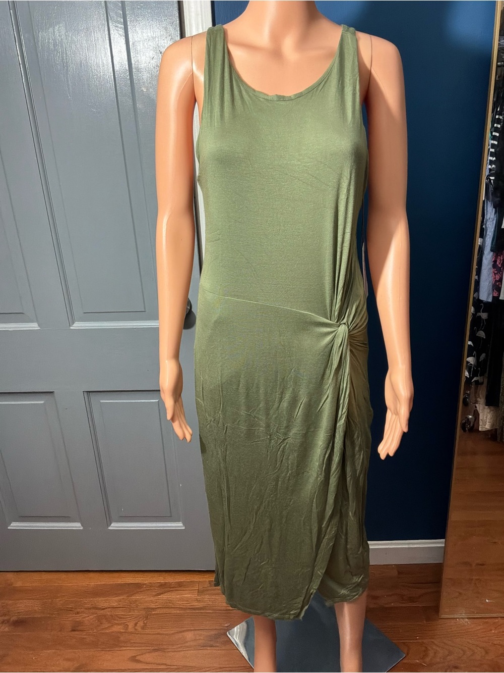 Three Dots Olive Twist-Side Sleeveless Midi Dress